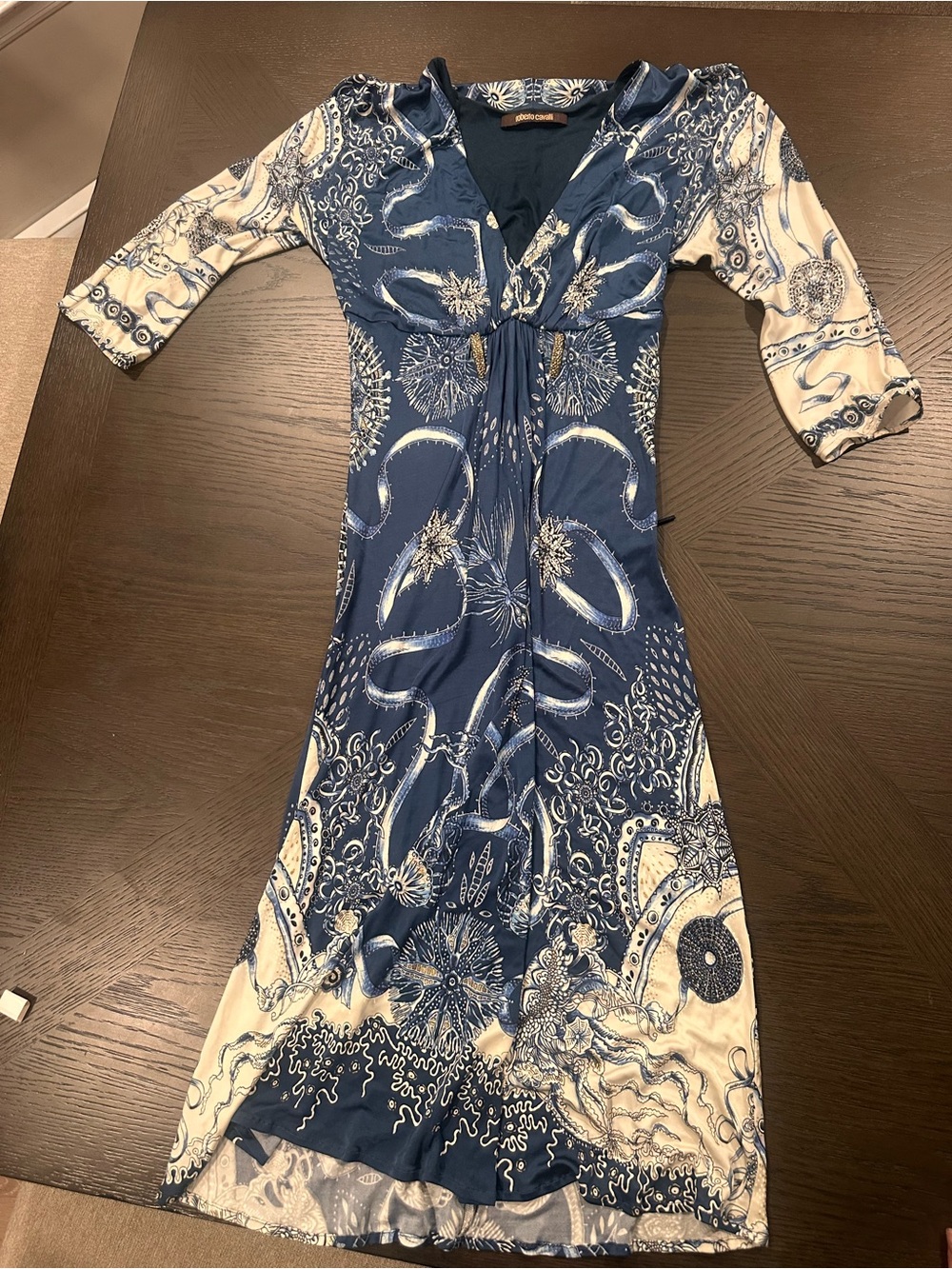 Roberto Cavalli Navy and Cream Printed Long Sleeve Dress